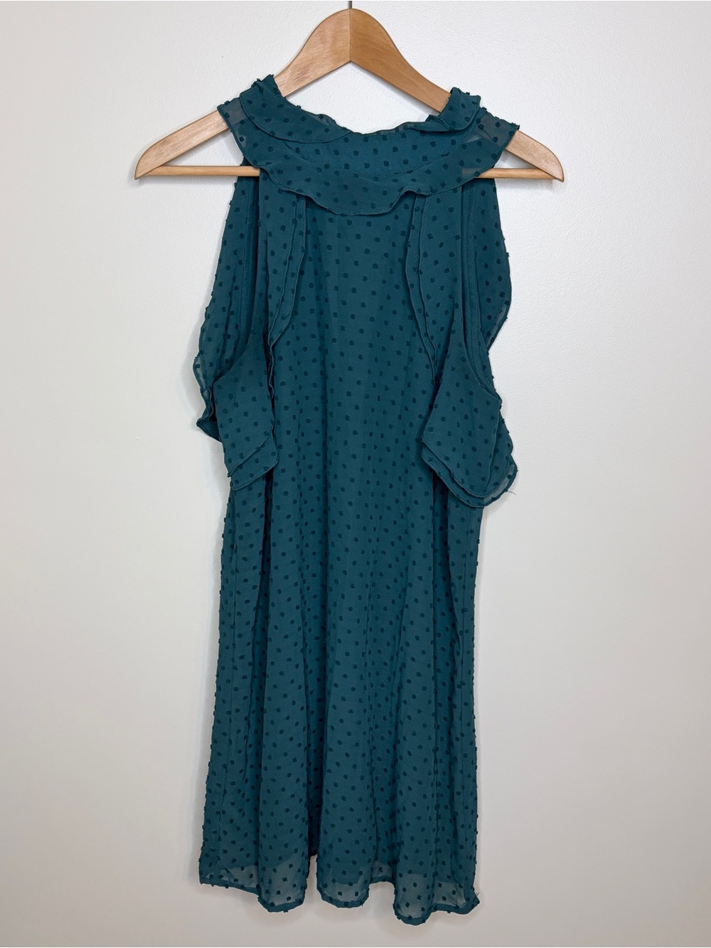Sleeveless Teal Swiss Dot Ruffle Neck Dress Medium